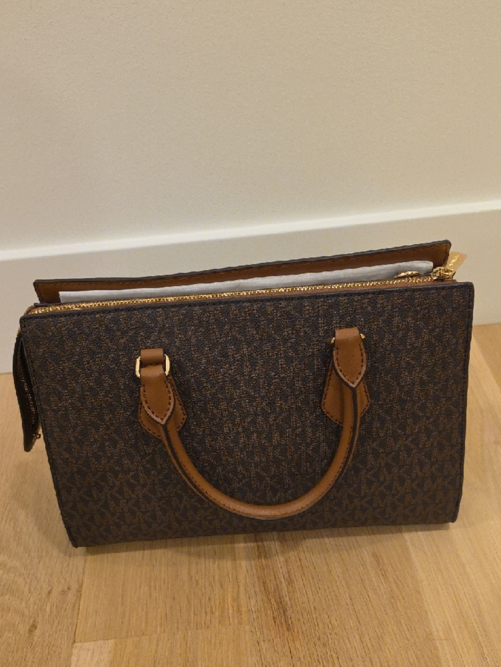 Michael Kors Brown Logo Satchel with Tan Trim and Gold Hardware - Picture 5 of 8